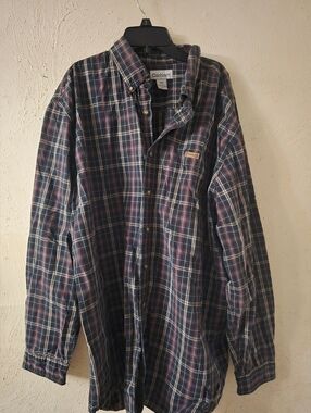 Carhartt Men's Blue and Burgundy Plaid Button-Down Shirt